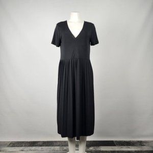 Zara Black V-Neck Pleated Skirt Midi Dress Size XL